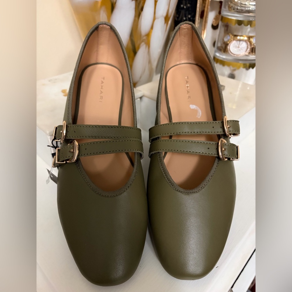 Tahari Double Strap Olive Flats